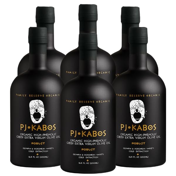 P.J. KABOS 2024/25 Harvest, Very High Phenolic (750+mg/kg), USDA Organic Greek Extra Virgin Olive Oil, Kosher, Greece, Cold Extracted, 16.9 oz Bottle, "Family Reserve Organic - Robust" (6-Pack)