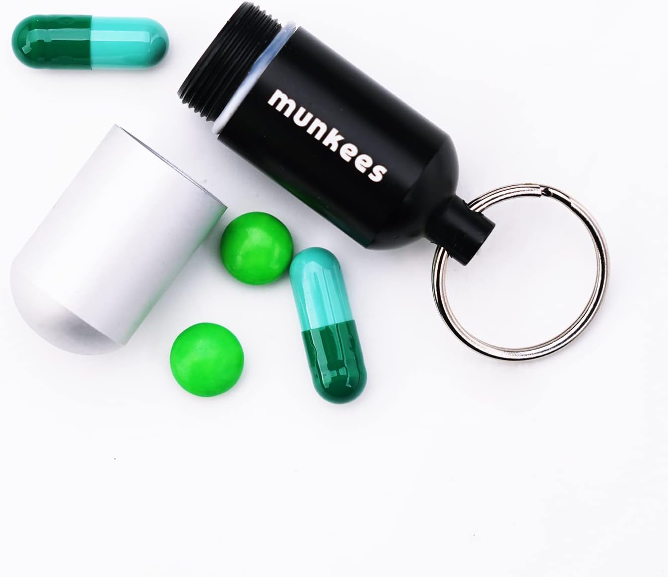 munkees Portable Pill Case Small Waterproof Capsules EDC Keychain, Travel Pill Bottle for Camping, Hiking, Backpacking, Compact Valuables Container for Outdoors 2-Pack