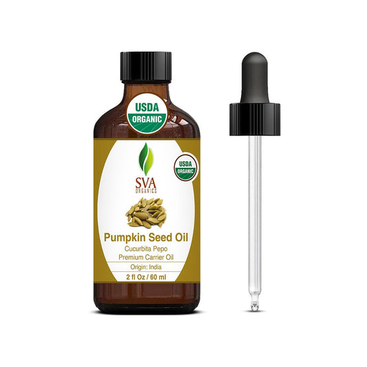 SVA Pumpkin Seed Oil Organic - 2 Fl Oz – 100% Natural Cold Pressed Pumpkin Seed Oil - for Face, Skin Care, Hair Care, Scalp Massage & Body Massage - with Dropper