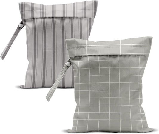 2Pcs Stripe Wet Bag 12x10 Inch, Grid Waterproof Reusable Wet Dry Bags, Rustic Washable Travel Laundry Bags for Swimsuit Pool Beach Diapers Dirty Yoga Gym Clothes, Travel Gifts for Women Friend