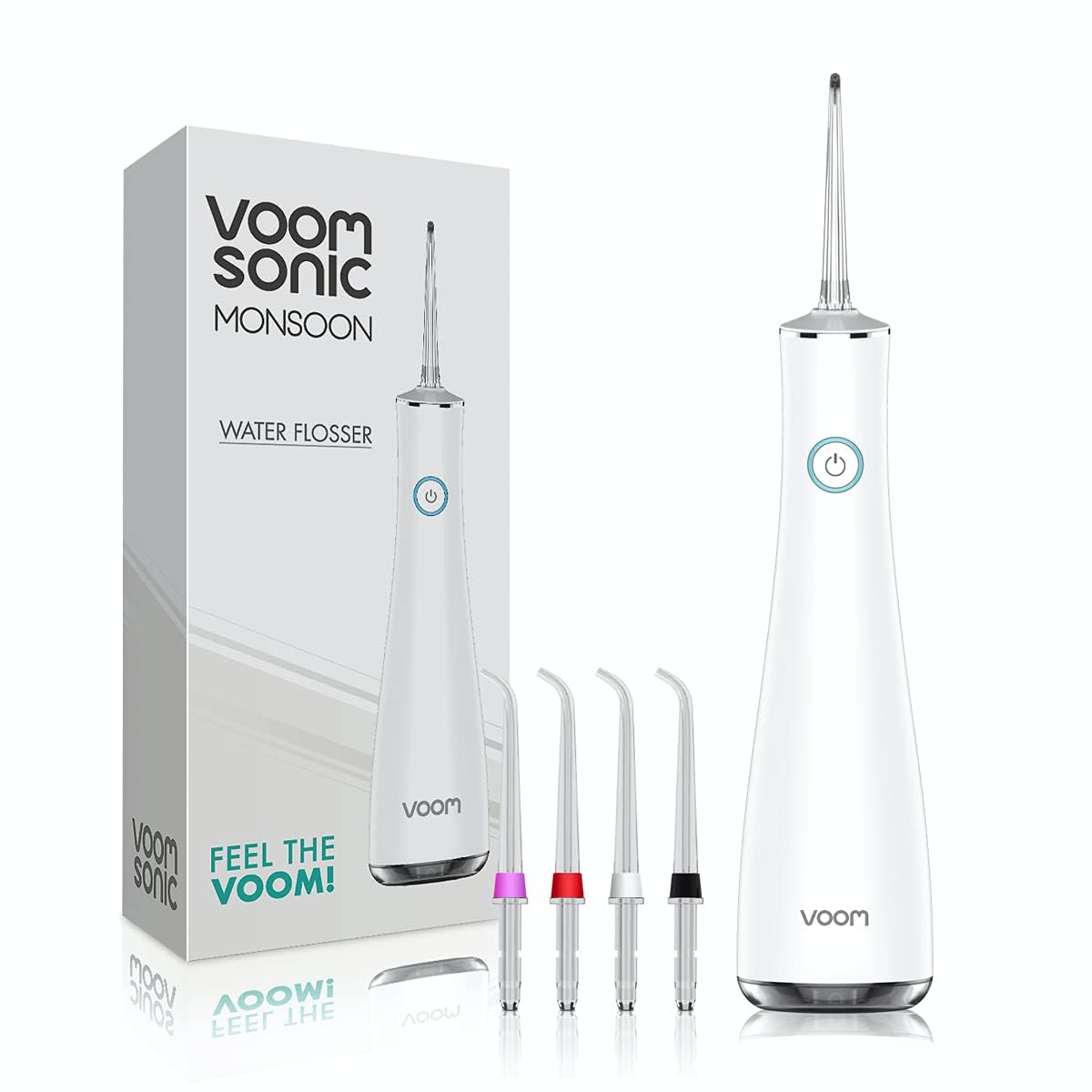Voom Sonic Water Flosser (Cordless) | Water Pick Includes 4-Tip Portable Water Teeth Cleaner Picks, Rechargeable Water Dental Picks for Cleaning (White)