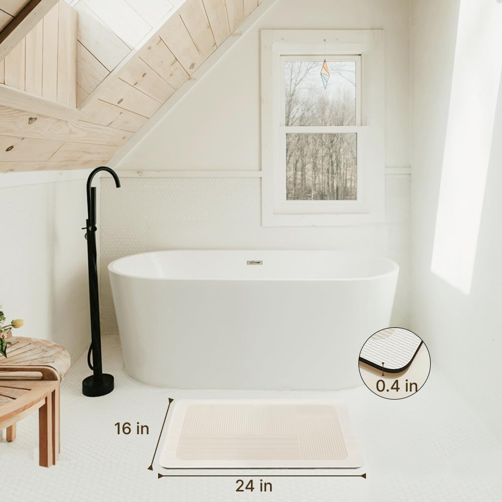 Beige Striped Diatomite Bath Rug – Quick Dry Super Absorbent Diatomite Stone Shower Mat – Ultra Thin Non-Slip Rubber Bath Mats for Bathroom Floor, Stylish & Durable Home Décor (30×20 inch)