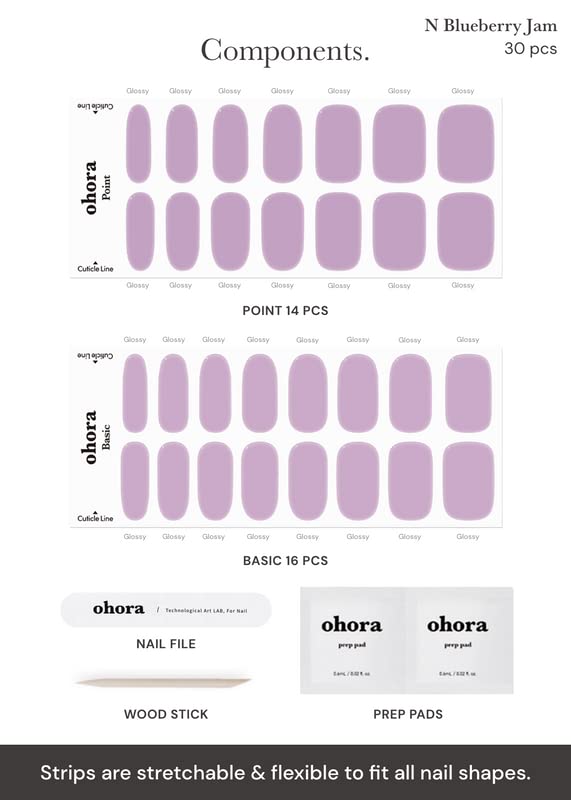 ohora Semi Cured Gel Nail Strips (N Blueberry Jam) - Purple, Solid, Works with Any UV/LED Lamps, Salon-Quality, Long Lasting, Easy to Apply & Remove - Includes 2 Prep Pads, Nail File & Wooden Stick