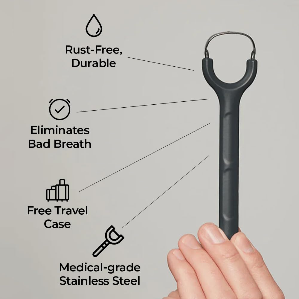 Venneir® Tongue Scraper with Travel Case, Oral Glide Pro–Bad Breath Treatment, Medical-Grade Stainless Steel– for Adults & Kids. 100% Rustproof, Sleek & Effective Design (Midnight Grey)