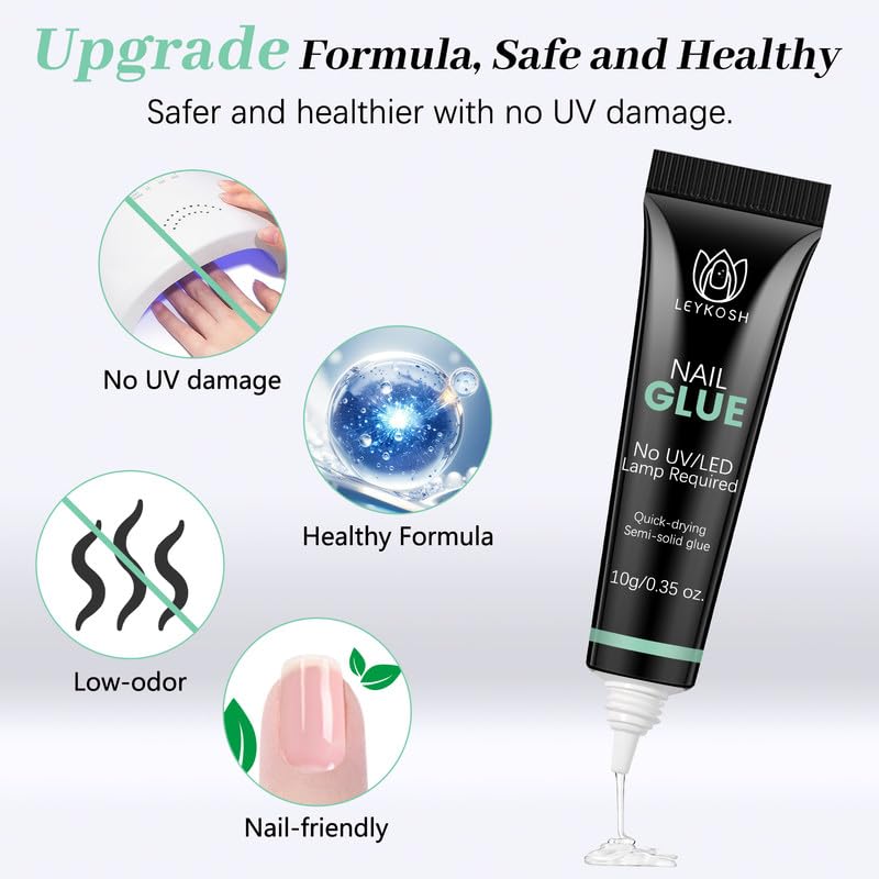 Nail Glue for Press Ons, 10s Fast-Drying No U V Light Needed - Upgrade Super Strong Semi Solid Nail Glue Last Up to 28+ Days & Easy to Remove, 10g*2 High Capacity Suitable for Fake & Acrylic Nail Tips
