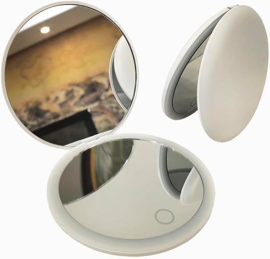 LED Mini Makeup Mirror, Compact Folding Travel Mirror with Touch Control, Round (White, 3.5 inch)