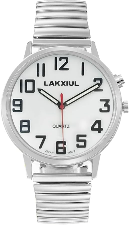 English Talking Watch with Large Numbers, Time-Date Announcement, Stainless Steel Telescopic Strap, Alarm Clock
