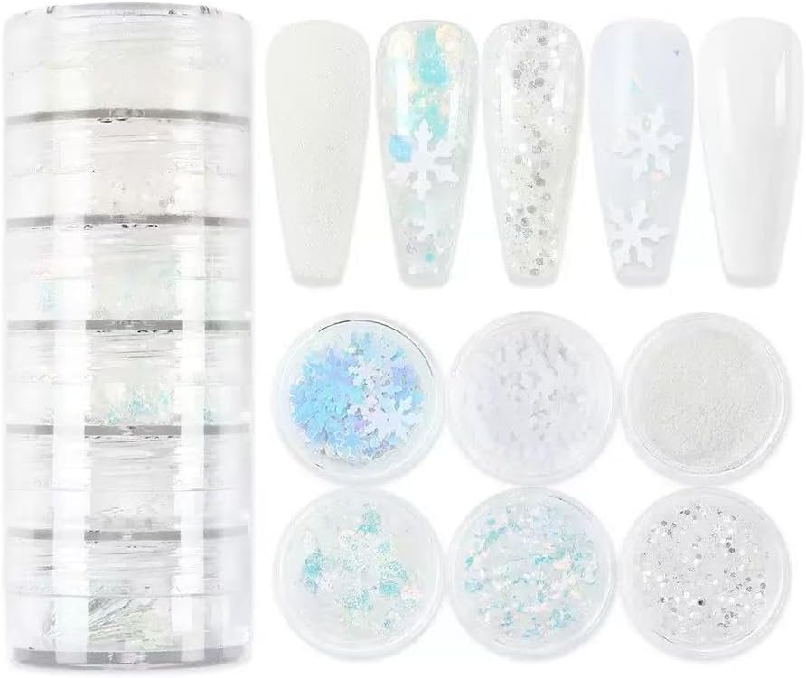 12 Grids Christmas Nail Sequins Glitter Powder 3D Snowflake Xmas Tree Glitter Flake Nail Art Design Winter Nail Supplies Decorations Charms Nails Art Stickers for Women DIY Manicure