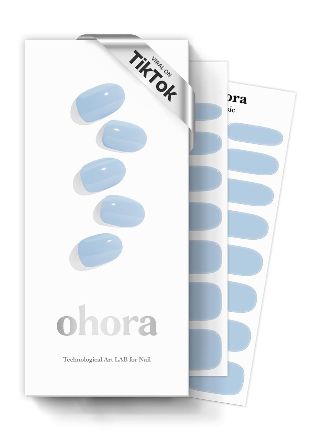 ohora Semi Cured Gel Nail Strips (N Cream Sky) - Blue, Solid, Works with Any UV/LED Lamps, Salon-Quality, Long Lasting, Easy to Apply & Remove - Includes 2 Prep Pads, Nail File & Wooden Stick