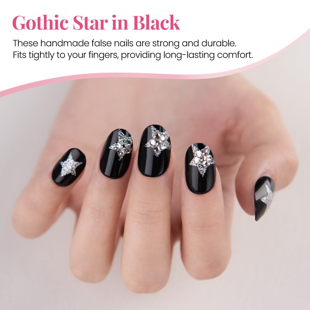 Press on Nails Short Oval, Black Fake Nails Kit with 3D Sparkling Pentagram & Mixed Cat Eye Design, Natural Stick on Nails, Glossy Acrylic Short Press on Nails Thick Reusable Glue on Nail for Women