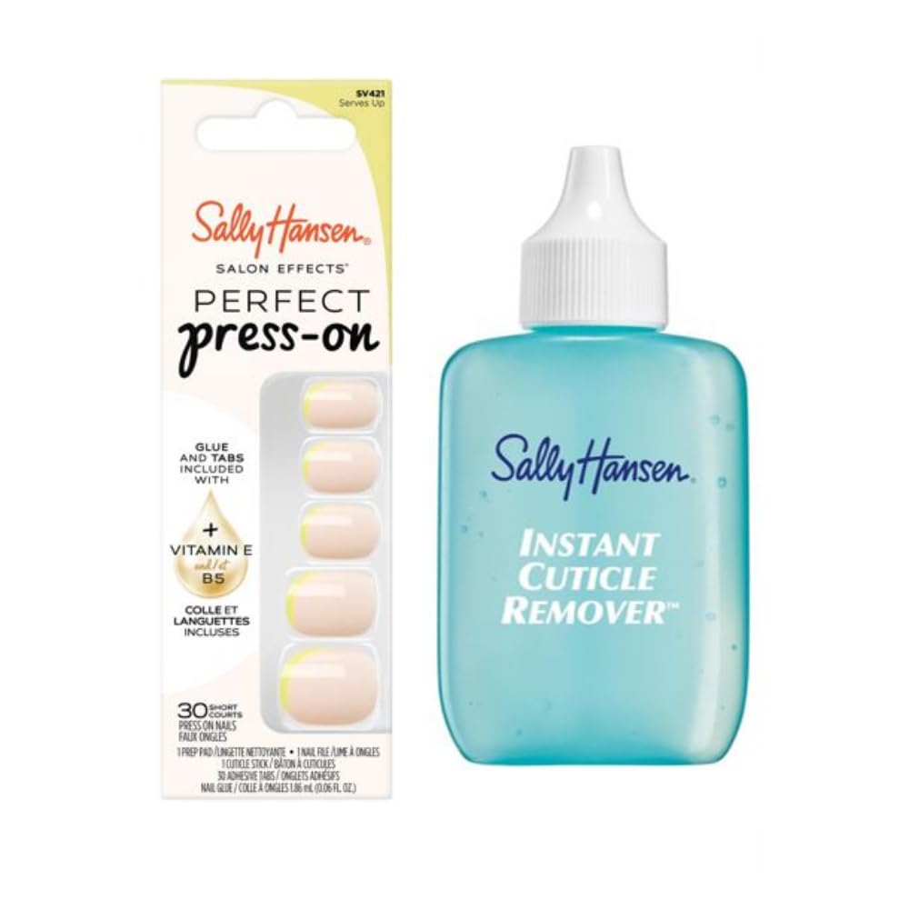 Sally Hansen Instant Cuticle Remover & Salon Effects Perfect Press-On Nails, 30 Designs, Nail Glue & Tabs