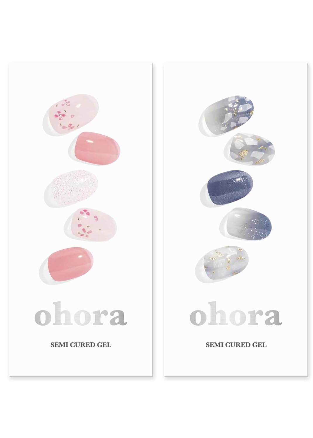 ohora Semi Cured Gel Nail Strips (N Rose Diamond N Gleam Blue) - Works with Any Lamps, Salon-Quality, Long Lasting, Easy to Apply & Remove - Includes 2 Prep Pads, Nail File & Wooden Stick