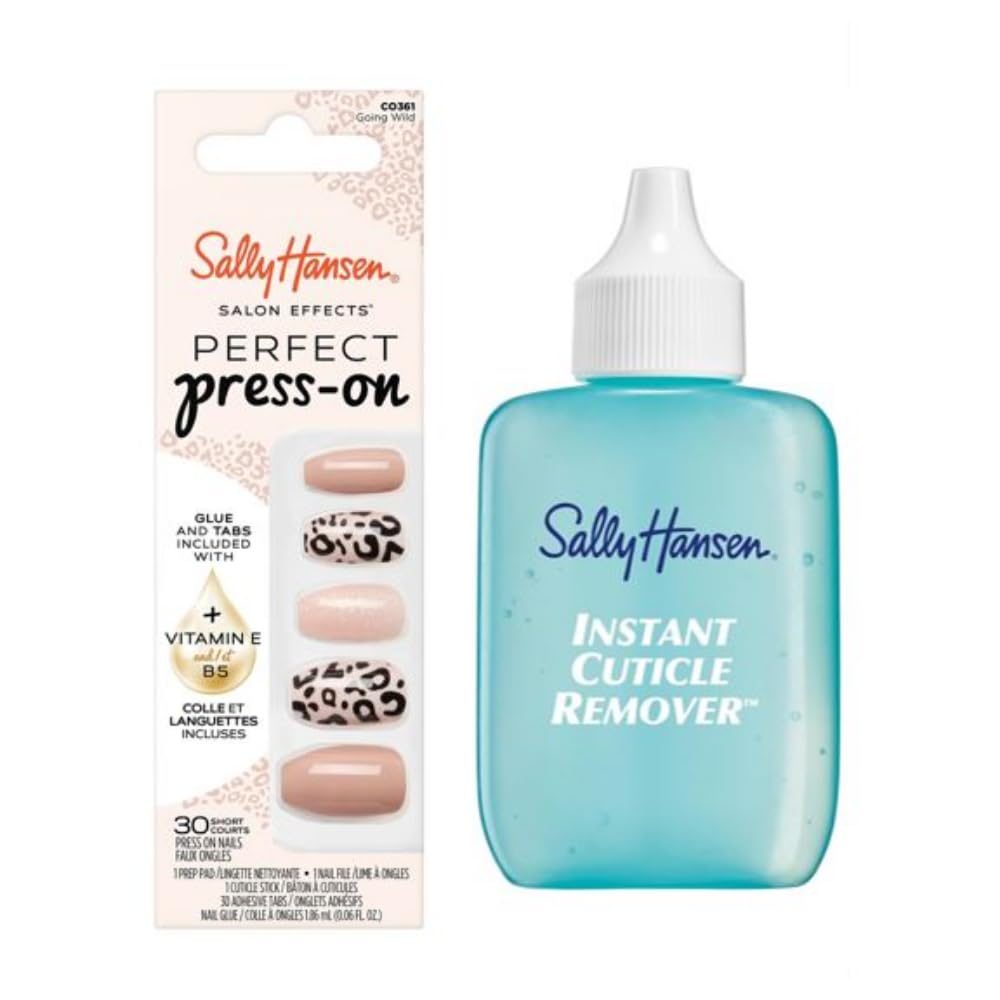 Sally Hansen Instant Cuticle Remover & Salon Effects Going Wild Press On Nails Kit - 15 Second Cuticle Gel with Aloe & 30 Nail Designs with Nail Glue