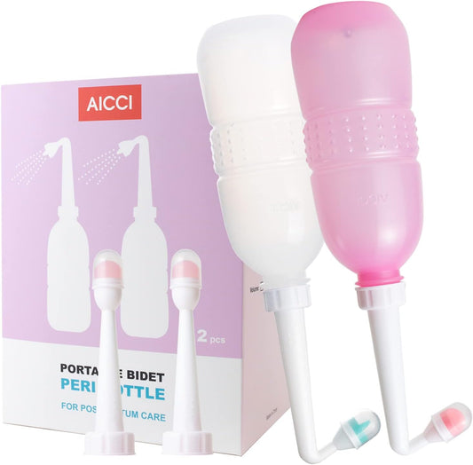 2 Pack Peri Bottle for Postpartum Care, Portable Travel Bidet for Women, 17oz Large Capacity Perineal Bottle for Feminine Hygiene with Travel Bag, Angled Nozzle & Straight Nozzle (Pink + White)