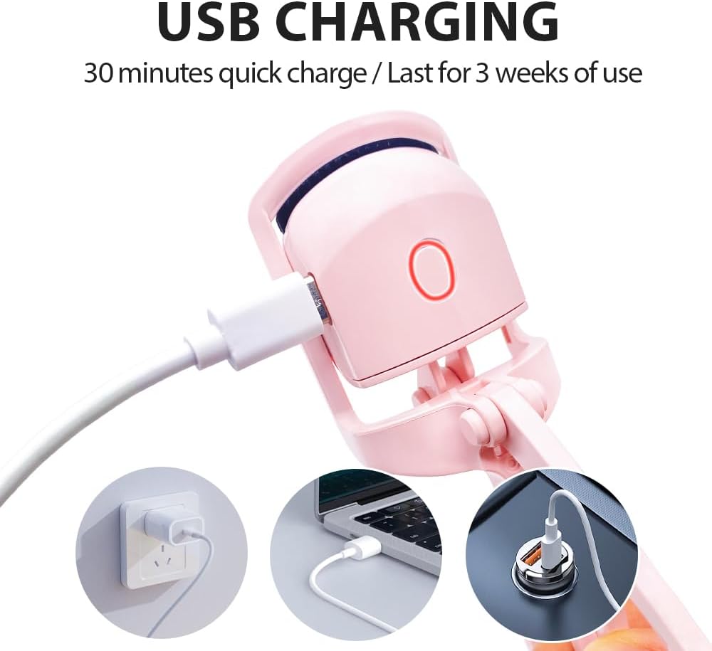 Heated Eyelash Curler with USB,Fast Heat up & 24H Long-Lasting,Rechargeable Electric Lash Curlers,Temperature Control,Safe Anti-Burn Quick Natural Curling Eye Lashes,White