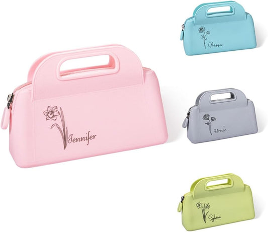 Custom Small Travel Makeup Bag Silicone Waterproof Personalized Birth Flower Name Makeup Brush Case Portable Zipper Cosmetic Bag Gifts For Mom Daughter 4 Colors Size 7.28×4.96INCH