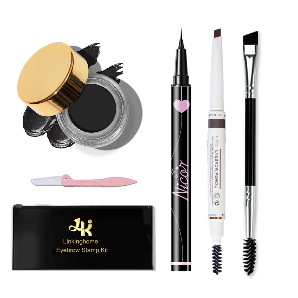 Upgraded Eyebrow Stamp Pencil Kit for Makeup, With Waterproof Pen, Black Eyeliner, Pomade, Specially Customized Blade Shaped Brush and Razor