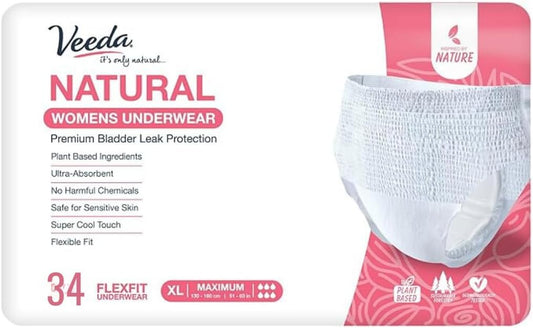 Veeda Natural Adult Incontinence Underwear for Women - Postpartum Underwear for Bladder Leakage Protection - Disposable Underwear with Maximum Absorbency - Extra Large Size - 34 Count