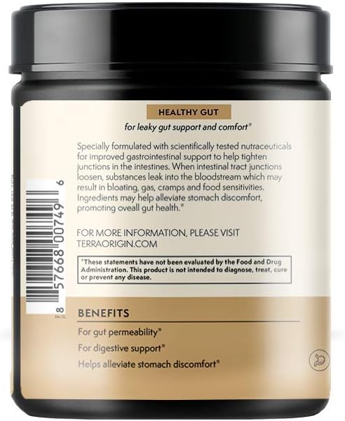 TERRA ORIGIN Healthy Gut Peach Banana | 30-Servings with L-Glutamine, Zinc, Glucosamine, Slippery Elm Bark, Marshmallow Root and More!