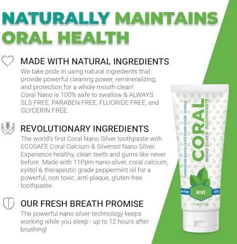 Coral White Nano Silver Mint Toothpaste, Natural Fluoride Free Teeth Whitening Toothpaste, Coral Calcium Nano Silver Infused SLS, Glycierin Free 4 Ounce (2 Pack)