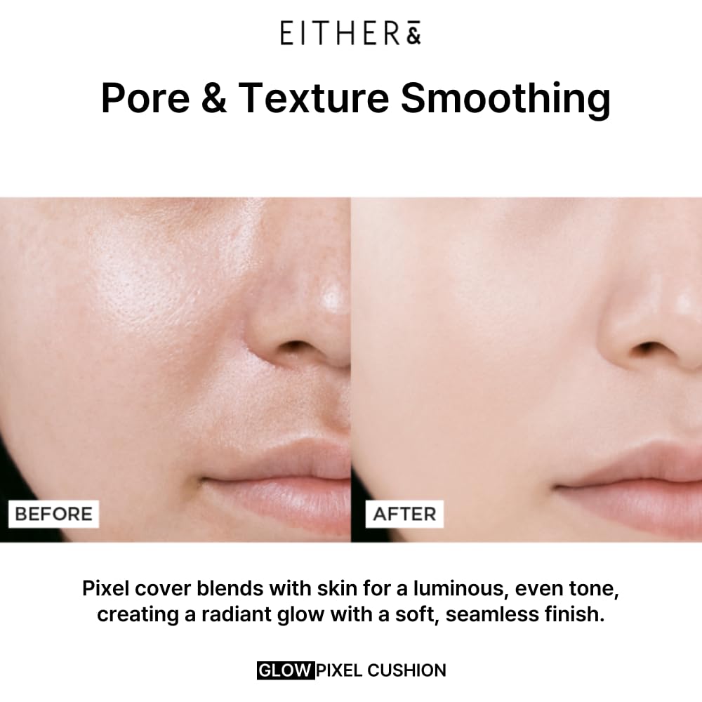 EITHER& Glow Pixel Cushion Foundation, Glowy Skincare, Korean Makeup, Natural Coverage, Moisturizing, Lightweight, Long Lasting Coverage for Flawless Skin (22.5P Dawn)