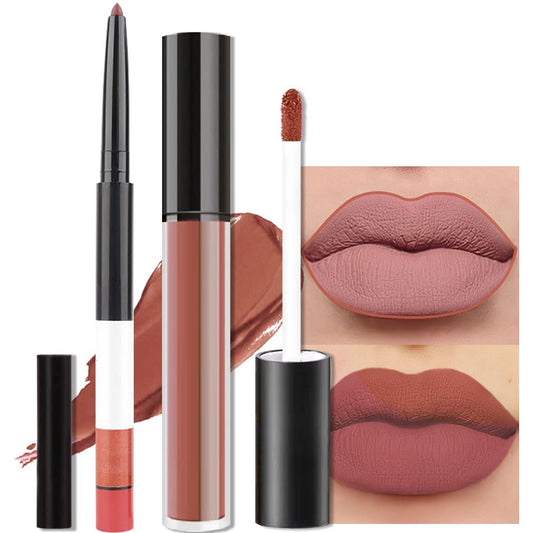 evpct 2Pcs Reddish Brown Neutral Color Lip Liner and Matte Lipstick Makeup Sets Vegan Lipstick Lip Liner and Gloss Set Lip Stain Long Lasting Waterproof 24 33#
