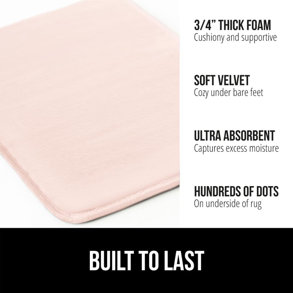 GORILLA GRIP Memory Foam Bath Mat, Soft Absorbent Velvet Bathroom Mats, Durable Dots on Underside, Machine Washable Bathmat, Carpet Rug Room Decor for Shower Tub Floor RV, 24x17 Rugs, Pink