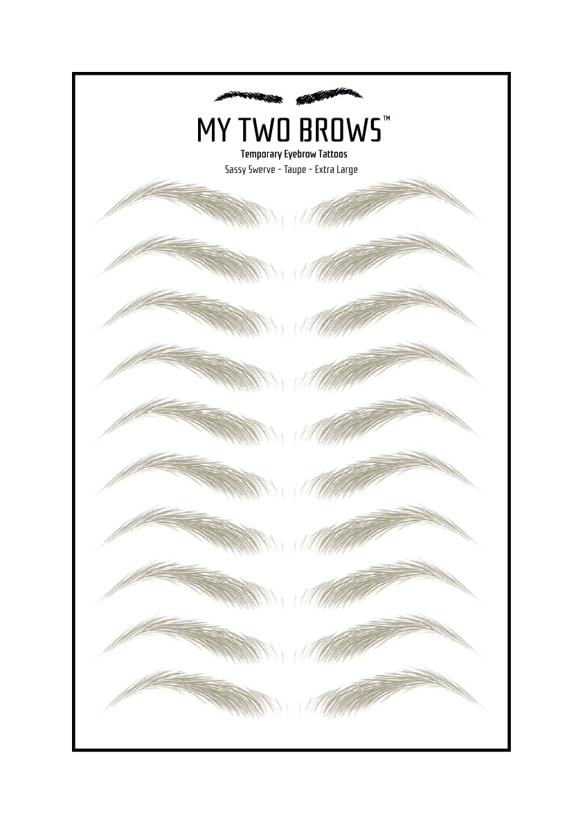 (10 pairs) Taupe Temporary Eyebrow Tattoo - Extra Large Size - Waterproof & Smudgeproof - Sassy Swerve Style Eyebrow Stickers - Sheet Lasts up to 30 Days - Won't Work on Existing Brows