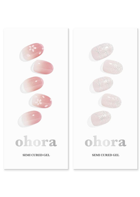 ohora Semi Cured Gel Nail Strips (N Blossom N Dress Up) - Works with Any Lamps, Salon-Quality, Long Lasting, Easy to Apply & Remove - Includes 2 Prep Pads, Nail File & Wooden Stick