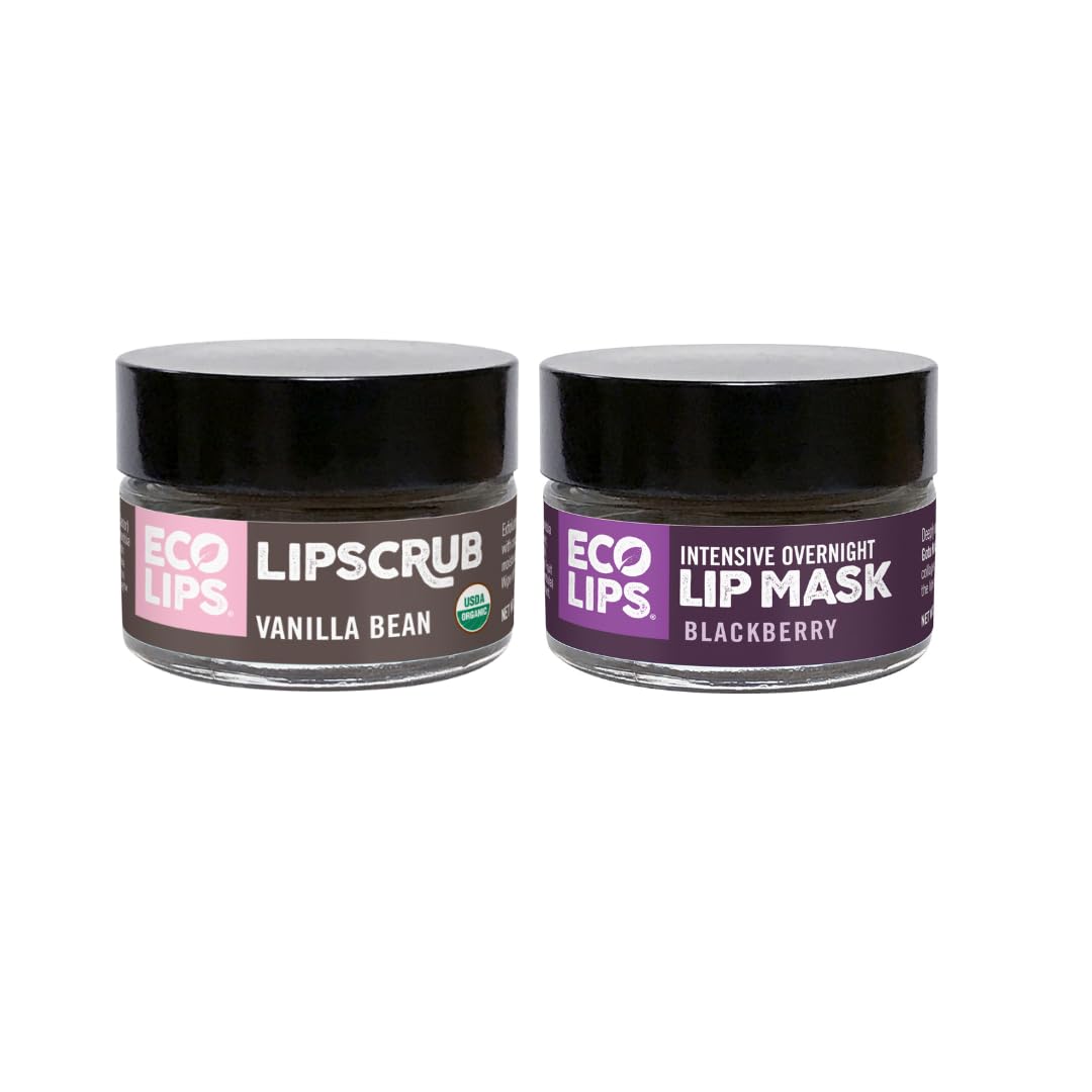 Eco Lips Vanilla Bean Lip Sugar Scrub & Blackberry Intensive Overnight Lip Repair Mask Duo - 100% Organic Lip Care Treatment - Gently Exfoliate, Polish, & Repair Dry, Flaky Lips
