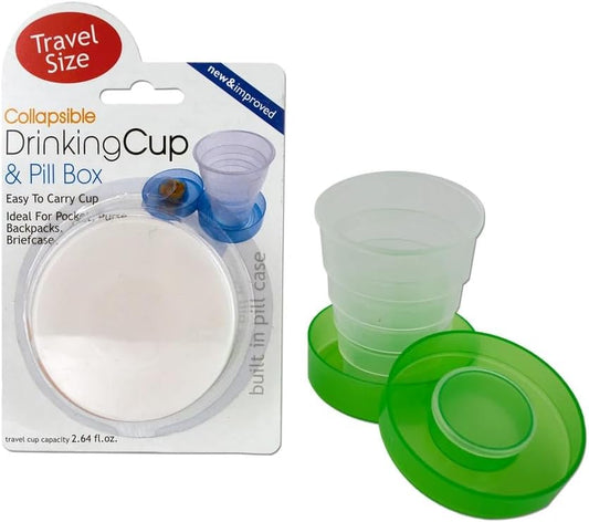 10 Pack Collapsible Drinking Cup and Pill Box, Portable Travel Accessory, 5-Section Cup, Secure Lid and Storage for Medications or Vitamins on the Go, Durable, Compact for Use, Bulk, White, Sky Blue
