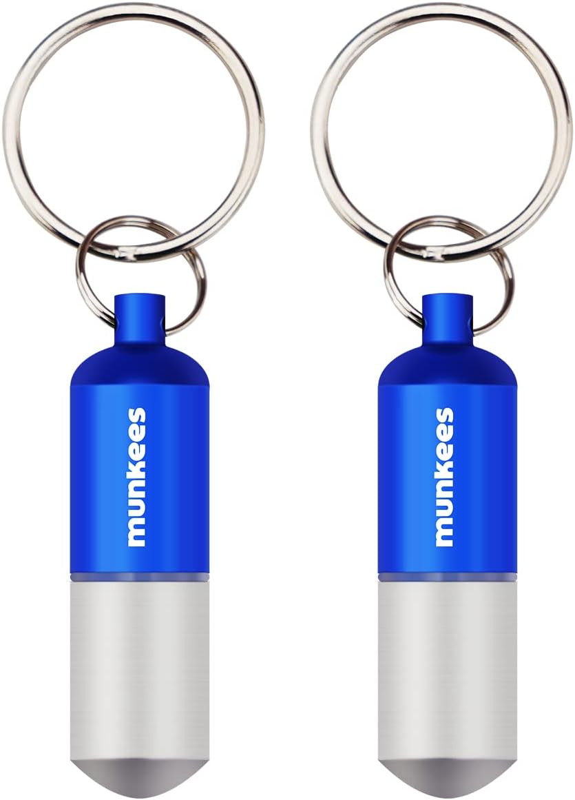 munkees Portable Pill Case Small Waterproof Capsules EDC Keychain, Travel Pill Bottle for Camping, Hiking, Backpacking, Compact Valuables Container for Outdoors 2-Pack