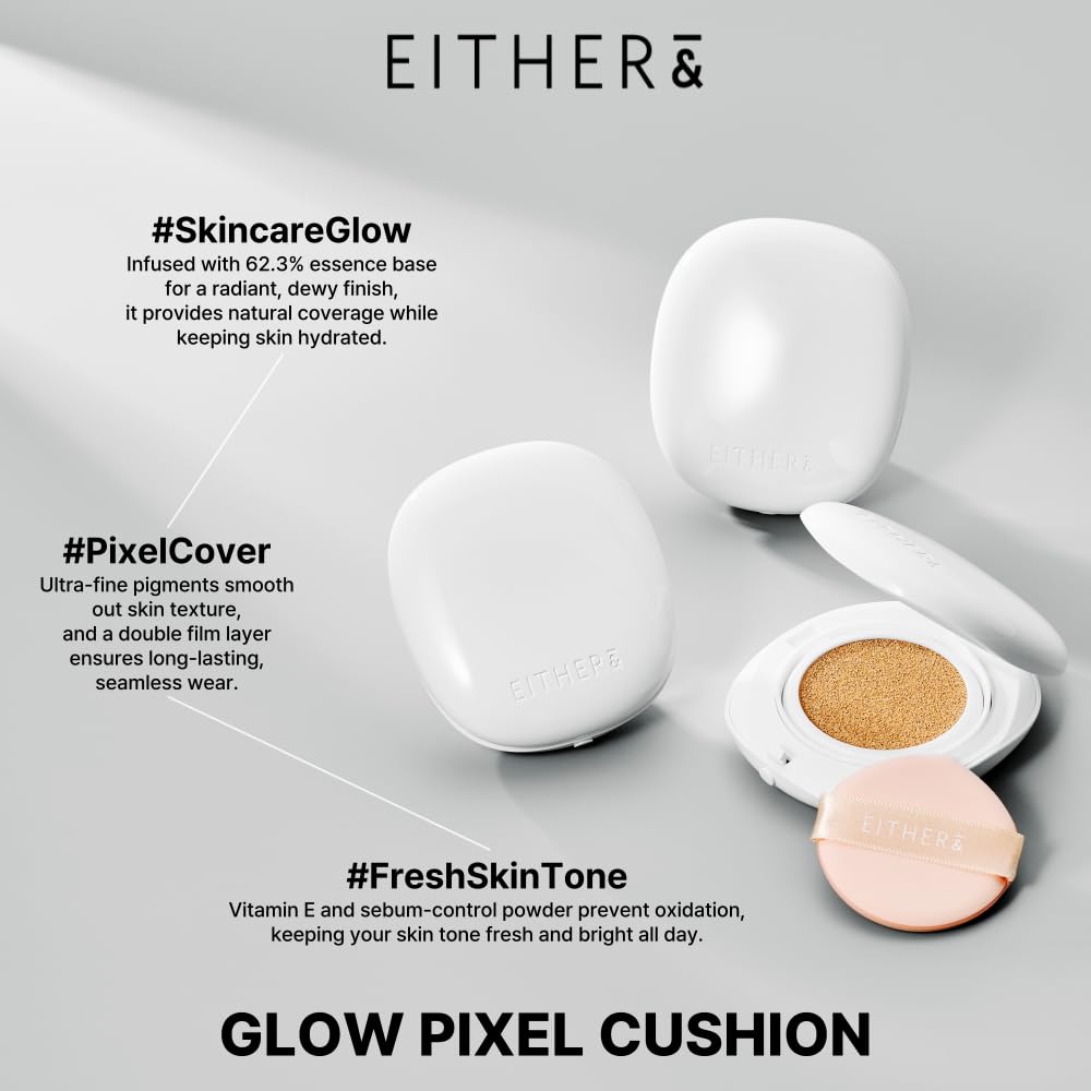 EITHER& Glow Pixel Cushion Foundation, Glowy Skincare, Korean Makeup, Natural Coverage, Moisturizing, Lightweight, Long Lasting Coverage for Flawless Skin (21P Rosy)
