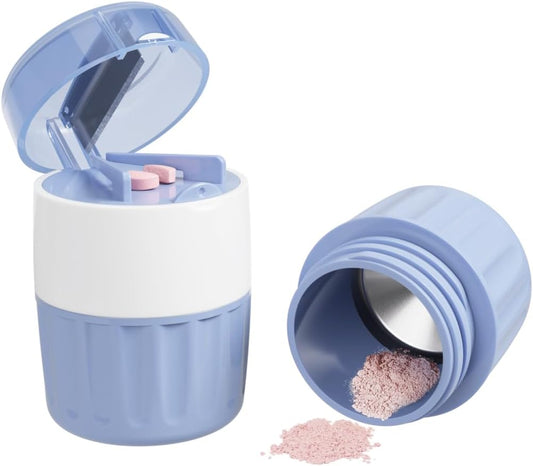 EZY DOSE Pill Crusher and Cutter 3-in-1, Crushes Cuts, and Stores Pills, Vitamins, Tablets, Built-in Storage Compartment, Features Stainless-Steel Blade, Portable and Travel-Friendly, Blue, BPA Free