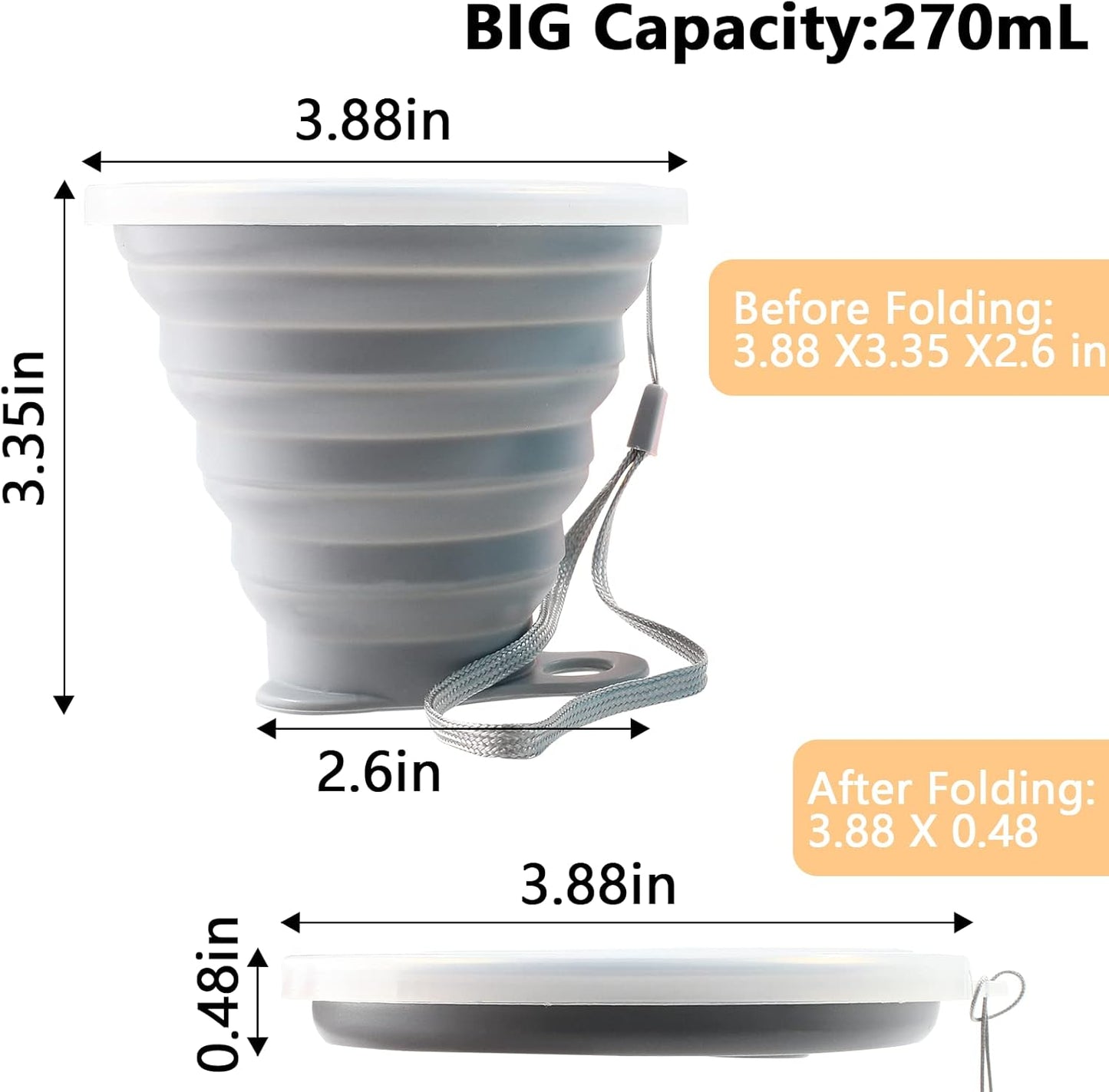 Litoexpe 2 Pack Silicone Collapsible Travel Cup Portable Folding Camping Cup Sets with Lids, Grey & Blue