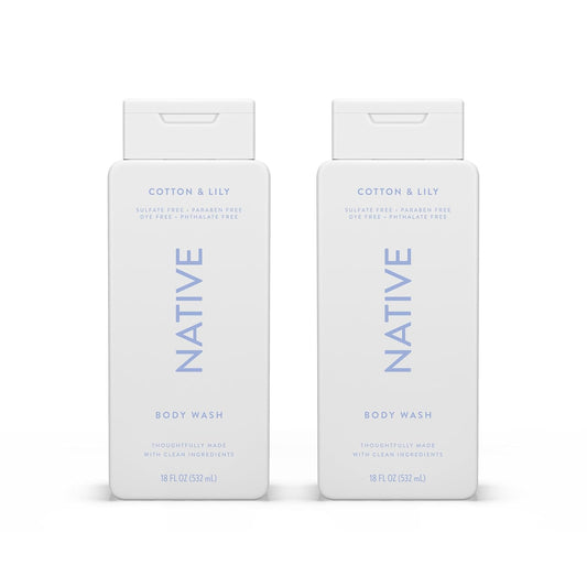Native Body Wash Contains Naturally Derived Ingredients | For Women & Men, Sulfate, Paraben, & Dye Free Leaving Skin Soft and Hydrating | Cotton & Lily 18 oz - 2 Pk