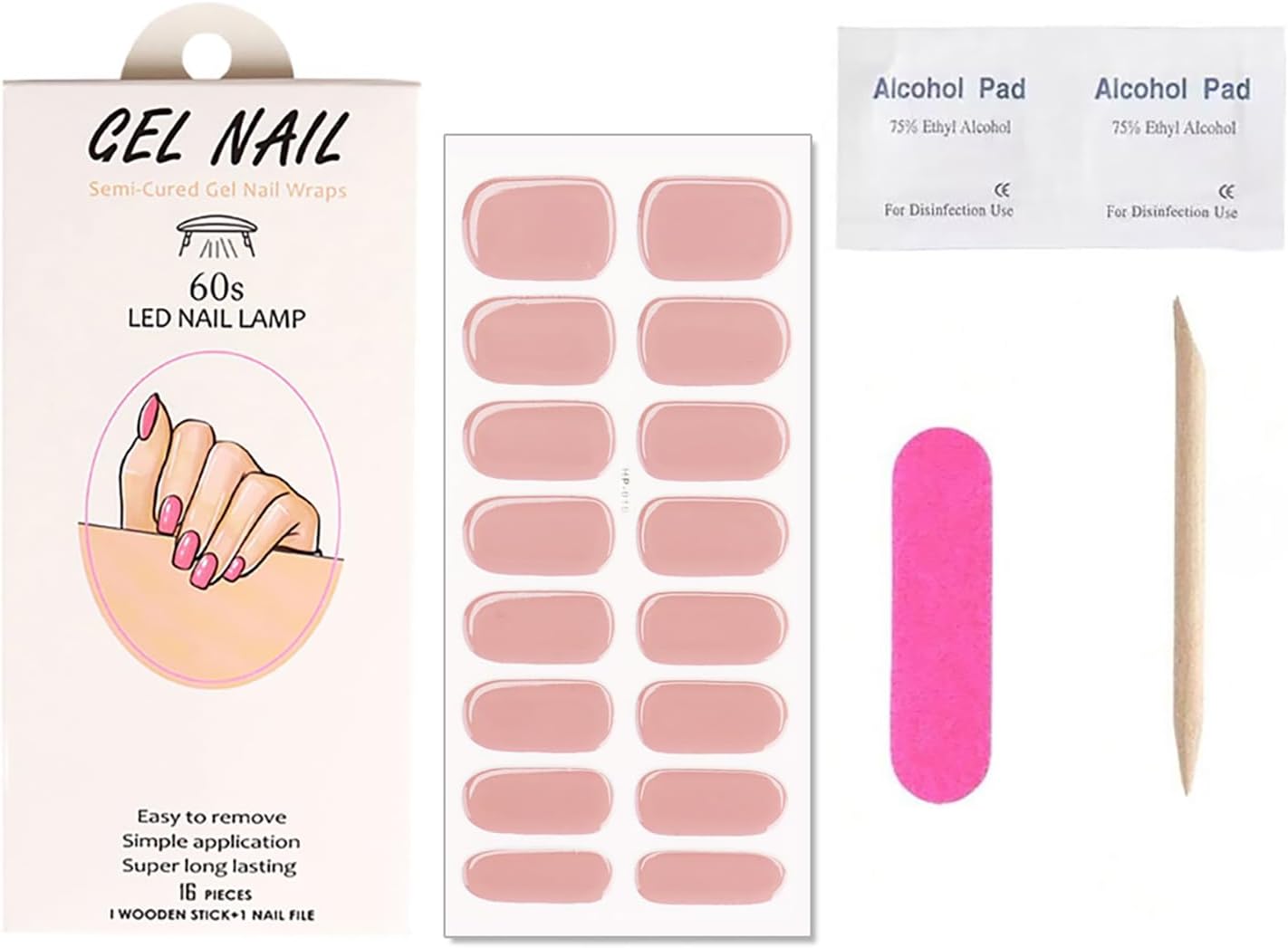 Semi Cured Gel Nail Strips Stickers Solid Color Self Adhesive Waterproof Nail Stickers Design Supply 16Pcs Real Gel Polish Strips for Women DIY Manicure Long Lasting Nails Decoration Accessories