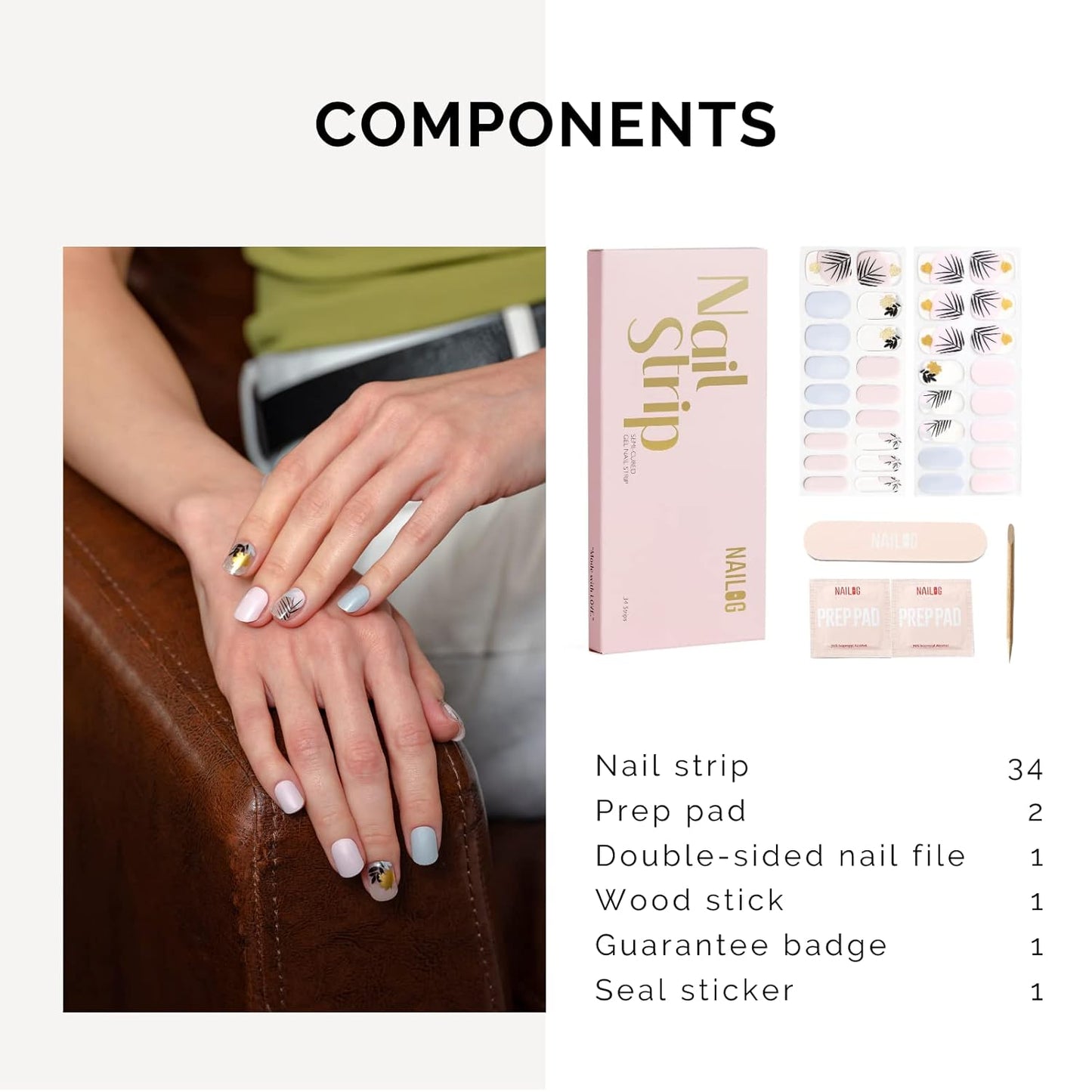 NAILOG Semi Cured Gel Nail Strips, 34 pcs Salon-Quality Gel Nail Stickers, Long Lasting Nail Wraps for Women with Soft Gel Finish | The Oriental