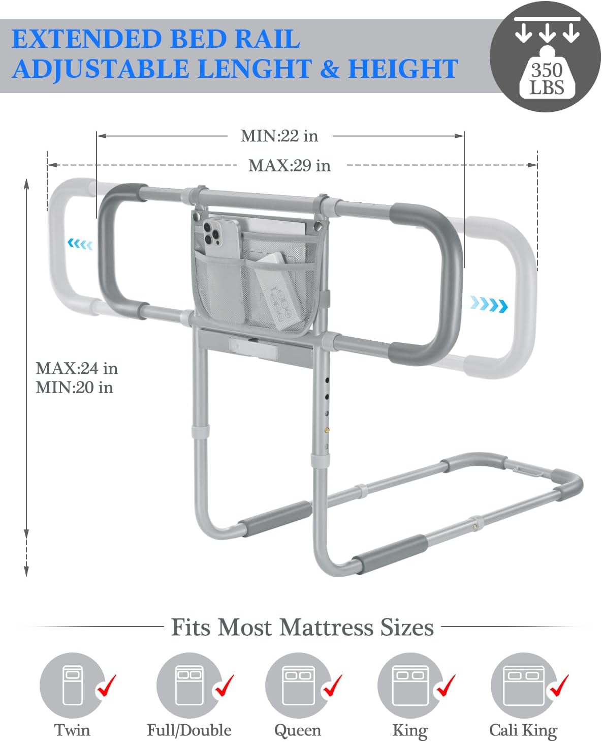 Bed Rails for Elderly Adults Safety, Extended Beds Assist Rail for Seniors with Motion Sensor Light - Adjustable Side Bed Guard Rails Handle Support Bar with Storage Bag, Fit King Queen Full Twin Bed