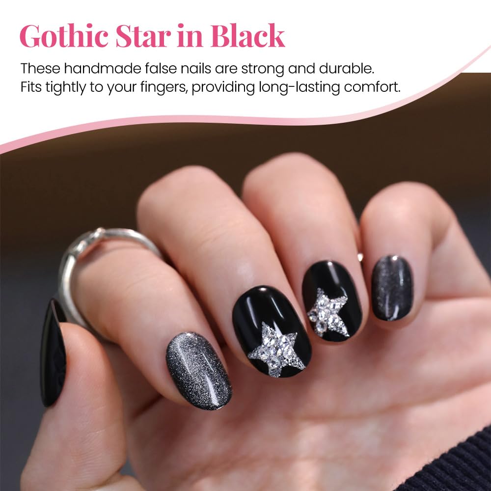 Press on Nails Short Oval, Black Fake Nails Kit with 3D Sparkling Pentagram & Mixed Cat Eye Design, Natural Stick on Nails, Glossy Acrylic Short Press on Nails Thick Reusable Glue on Nail for Women