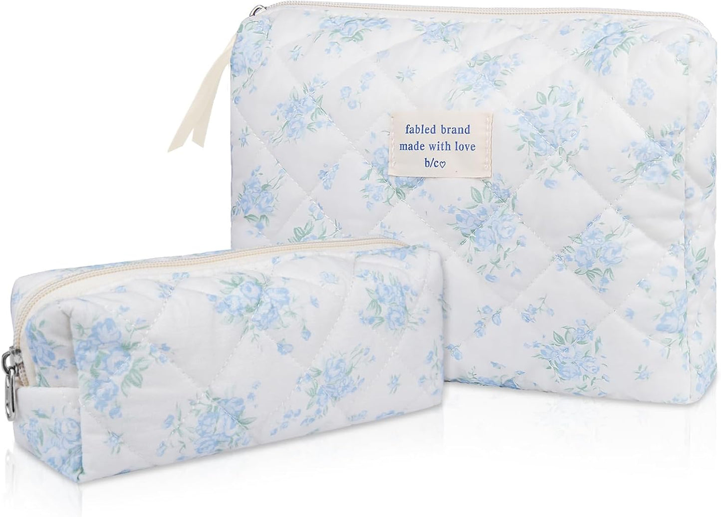 2PC Makeup Bag Set, Cute Cosmetic Bag for Women Girls, Floral Coquette Aesthetic Toiletry Bag, Travel Make Up Organizer Bag (Blue Rose)