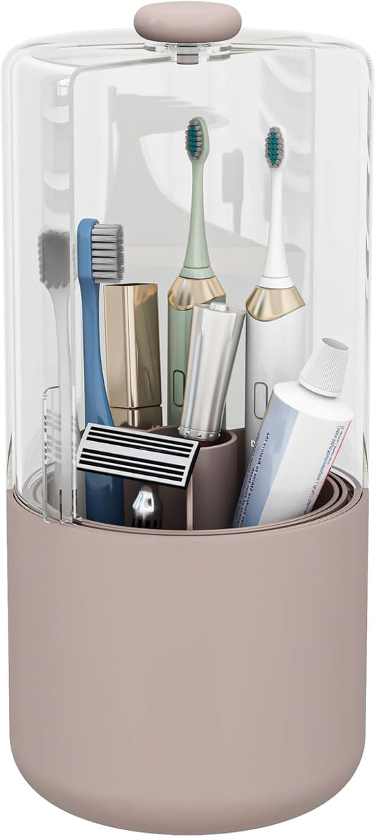 Toothbrush Holder with Cover 360 Rotating 4 Compartments Bathroom Toothpaste Electric Toothbrush Organizer, Pink