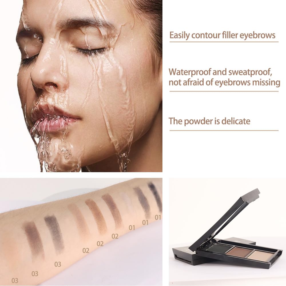 Eyebrow Powder Brown Black Kit,Eye Brow Powder for Women with Brow Brush,Long-Lasting Waterproof Three Colors Brow Filler Get Full Defined Natural Brows,Brown Eyebrow Powder Makeup