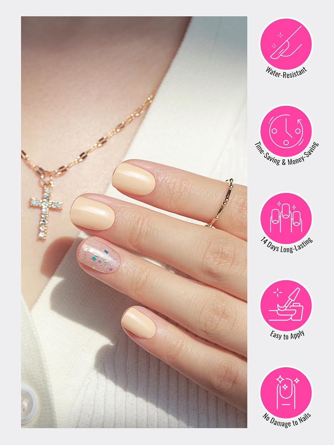 Semi Cured Gel Nail Strips, 30pcs Gel Nail Wraps, 2 Weeks Long Lasting