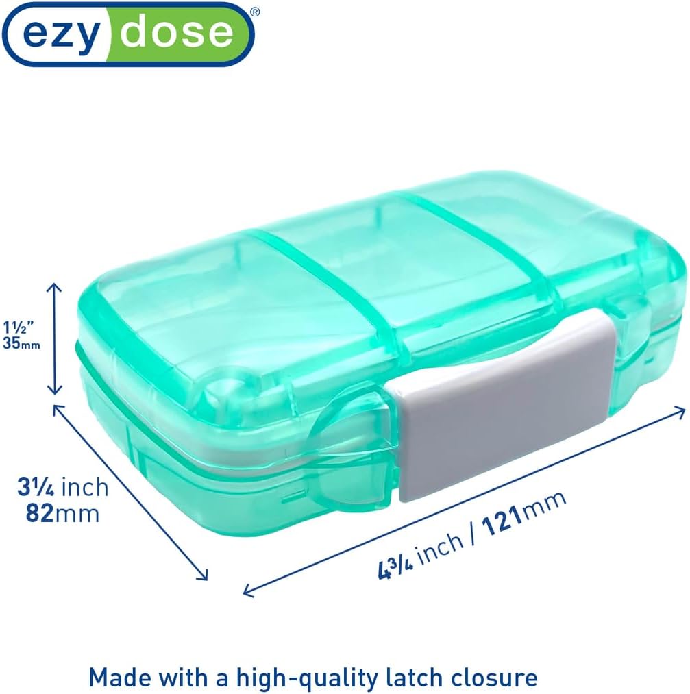 EZY DOSE Moisture-Proof Pill Case, Medicine Planner, Vitamin Organizer Box, Travel-Friendly, Latch-Closure to Secure Contents, 7 Individual Compartments Multiple Sizes with Tight Seal, Medium, Green