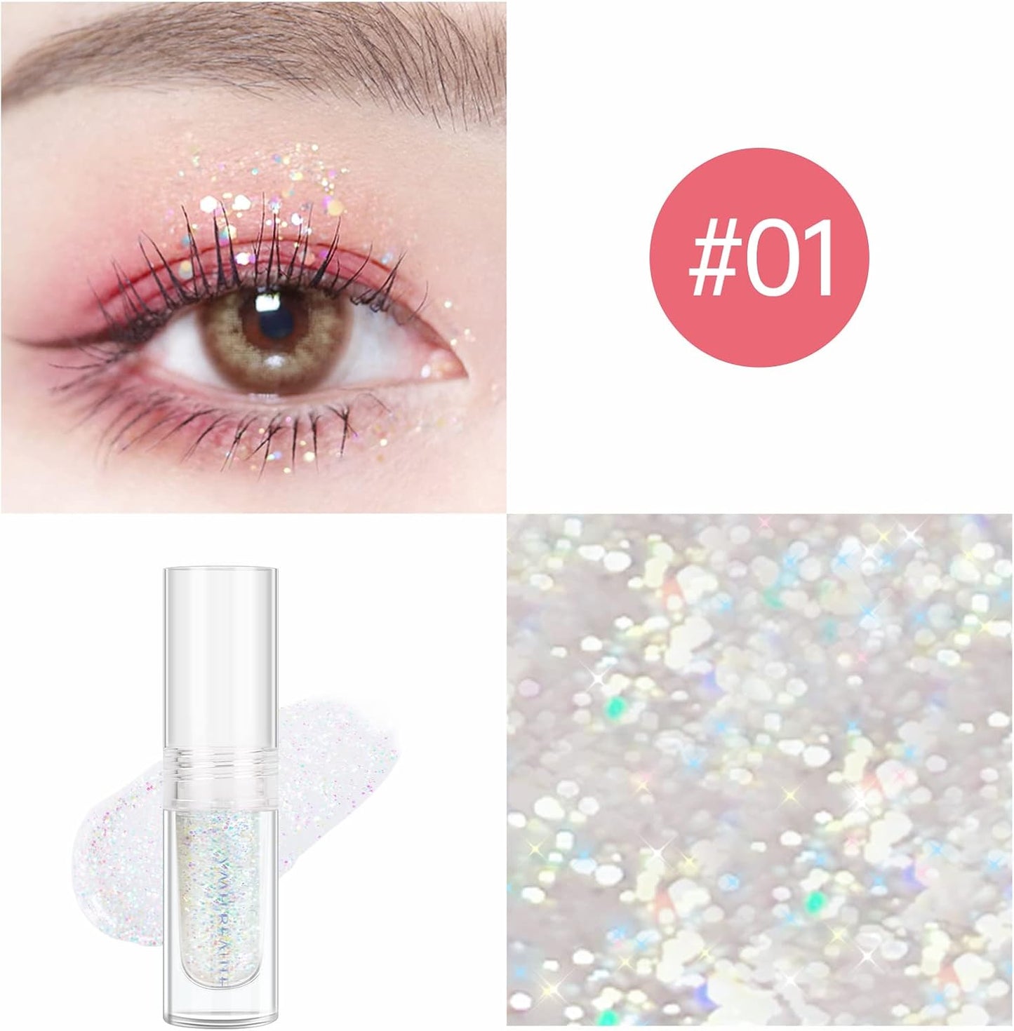 Liquid Glitter Eyeshadow, Pigmented, Long Lasting, Quick Drying, Easy to Apply, Loose Glitter Glue for Eye Crystals Makeup (Transparent Flashing Colorful Sequins 01)