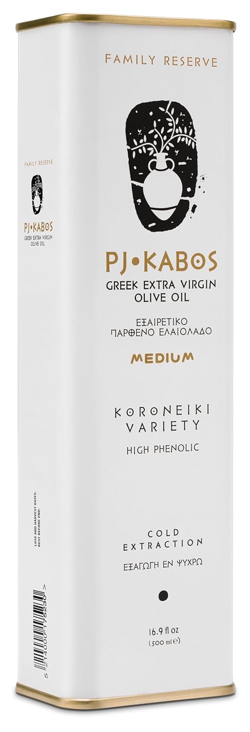 P.J. KABOS 2024/25 Harvest, High Phenolic (450+mg/kg), Premium Greek Extra Virgin Olive Oil, Kosher, Greece, Cold Extracted, 16.9 oz Tin, Koroneiki, "Family Reserve - Medium"