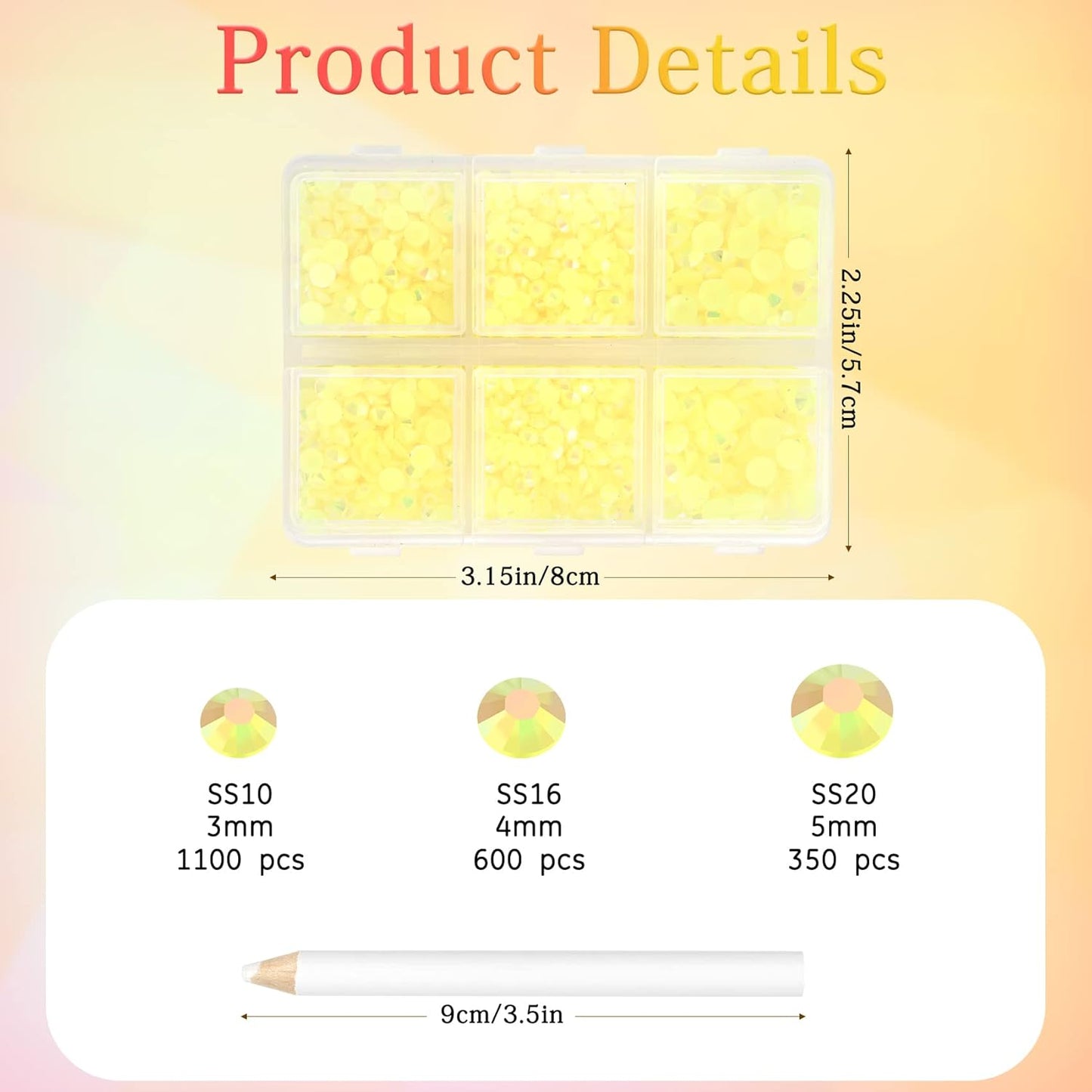 Multi Size 3mm 4mm 5mm Rhinestones Set for Nails Crafts Yellow Non Hotfix Rhinestones Nail Gems Rhinestone Jelly AB&Round Flat Back Resin Rhinestone for Makeup Clothes Shoes Eyes Bottles Crafts