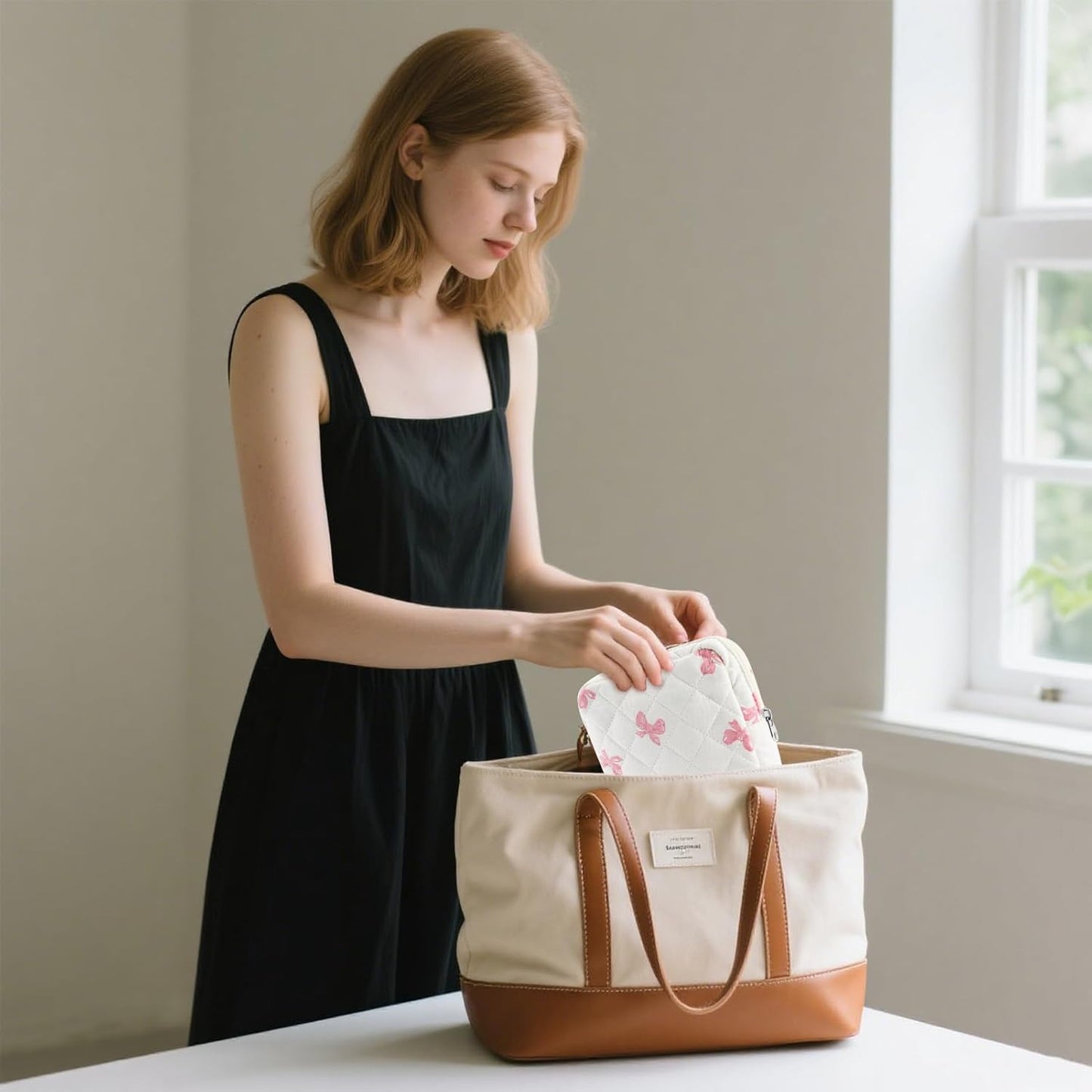 Small Quilted Cotton Makeup Bag for Purse Mini Cosmetic Period Bag for Women Cute Pink Bow Makeup Sanitary Pouch Portable Travel Toiletry Bags with Zipper Slip in Pockets Birthday Gifts