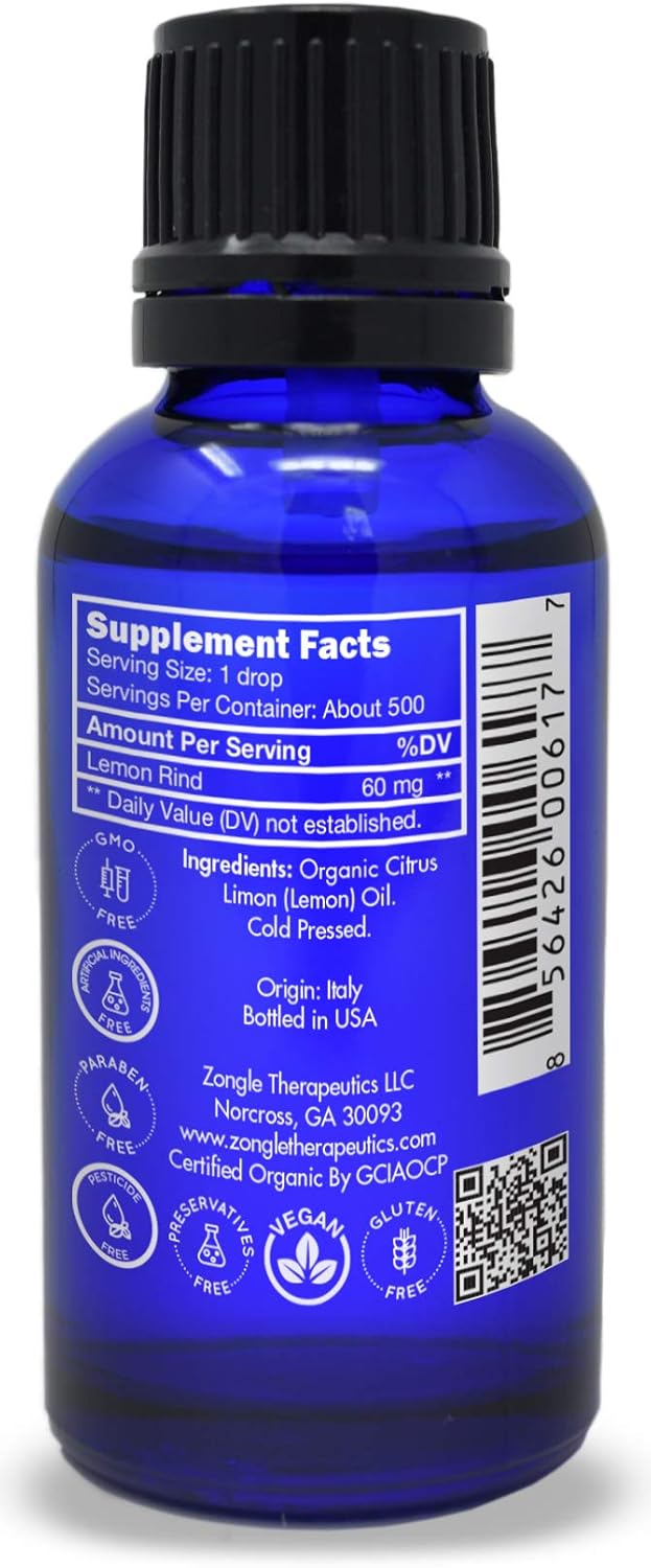 Organic, Lemon Essential Oil, Food Grade, for Cooking, Baking – 100% Pure, Lemon Oil, by Zongle Therapeutics, 1 OZ